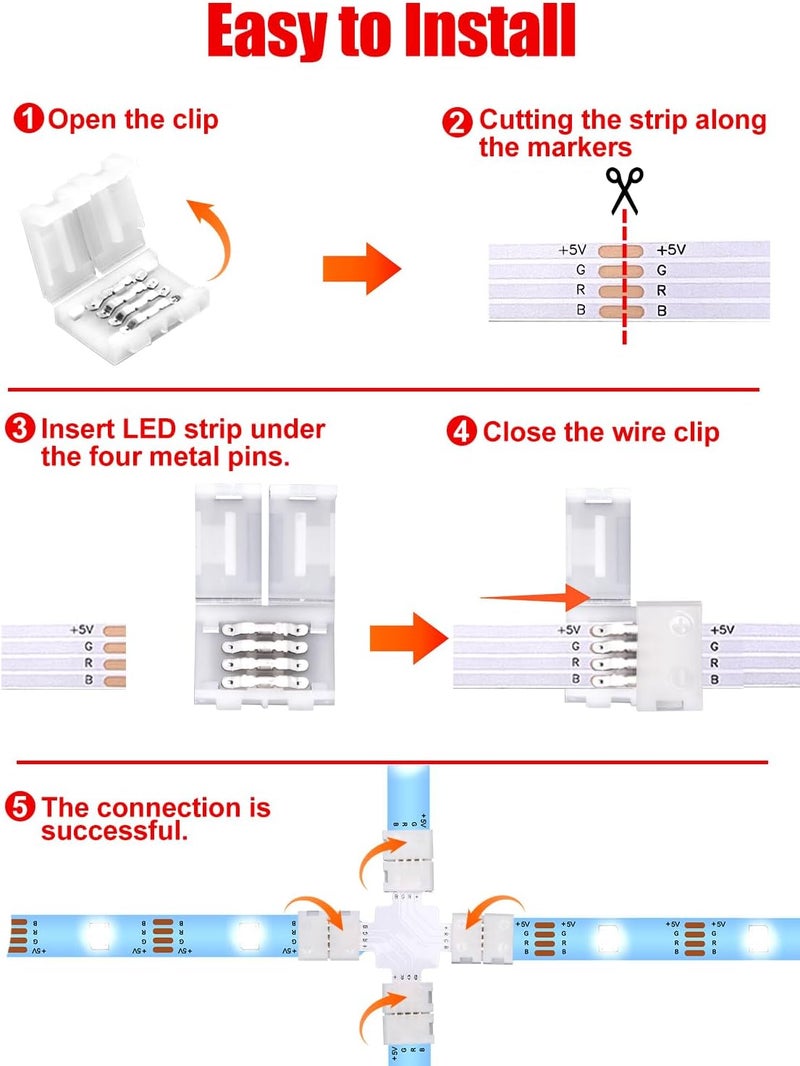 Ledagic X Shape LED Strip Connectors 5-Pcs with 20Pcs Clips, Unwired Solderless LED Light Connectors for 8mm Wide 4-Pin Strip Lights - Image 4